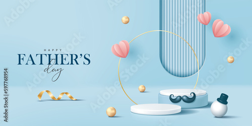 Father's day banner for product demonstration. White pedestal or podium with mustache, pearls and flying hearts on blue background.