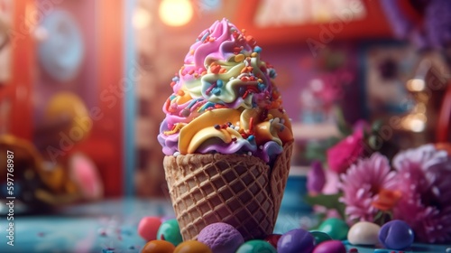 Colourful ice cream in a cone with lots of sweets, Generative AI