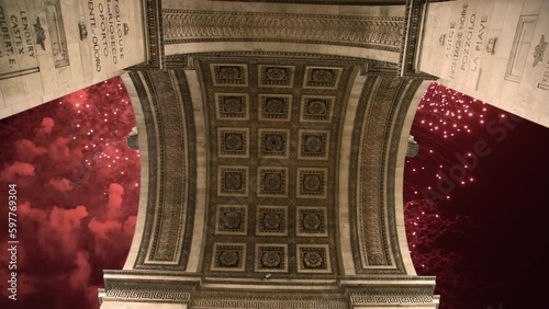 Celebratory fireworks over the Arc de Triomphe ( 4K, time lapse), Paris, France. The walls of the arch are engraved with the names of 128 battles and names of 660 French military leaders (in French)  photo