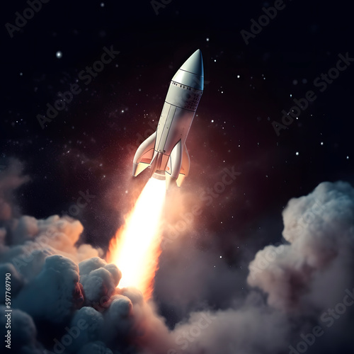 3D rocket in space Business startup and business growth concept created with Generative AI technology.