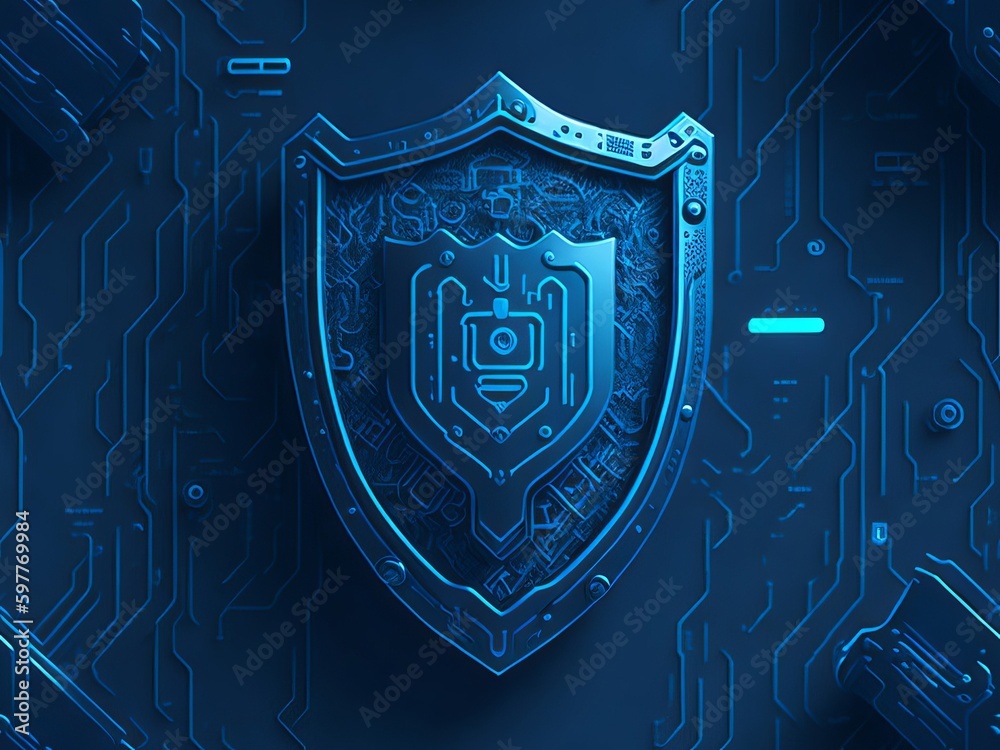 The digital pattern depicts a shield with a lock on it, surrounded by blue lights and circuit boards. The digital pattern depicts a shield with a lock on it, surrounded by blue lights and circuit boards.