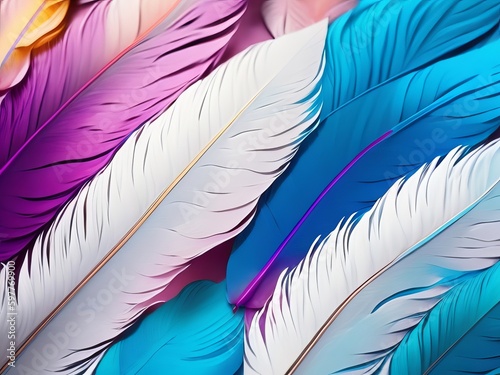 A close-up of colorful feathers on a blue background.  photo