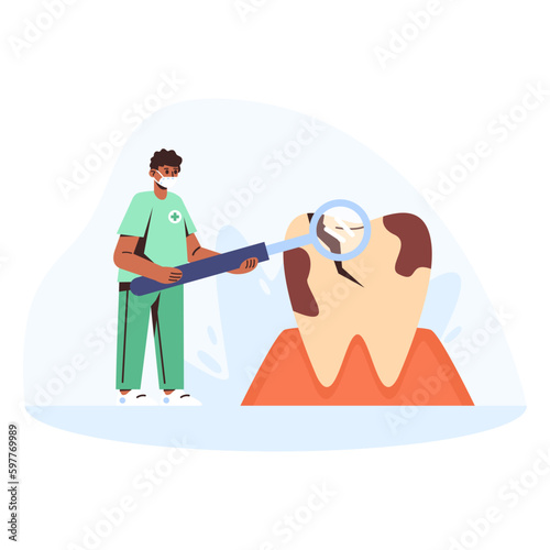 Cartoon character of young black dentist examining tooth with caries