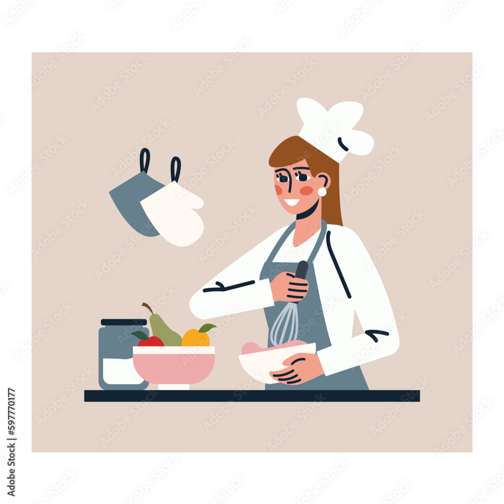 Cartoon character of young woman in uniform mixing ingredients Cartoon character of young woman in uniform mixing ingredients