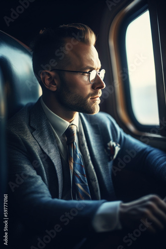 A 32-year-old Successful  businessman gazes out the window, his success reflecting in the sky. Flying in style, he savors the rewards of hard work. Generative AI © neo