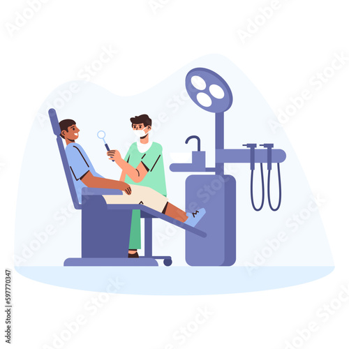 Cartoon characters of dentist with instruments examining his patient
