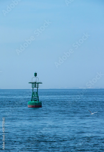 昼の海に浮かぶ照明塔とカモメ