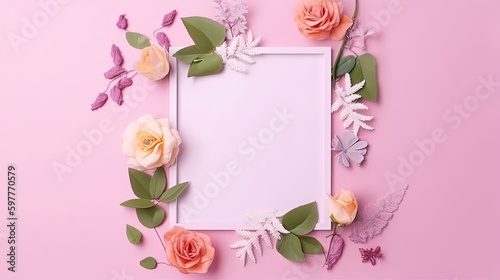 A pink square frame decorated with multicoloured flowers, blank space for text. Flat lay, top view. Floral frame, frame of flowers. Floral background. Wedding invitation, greeting 