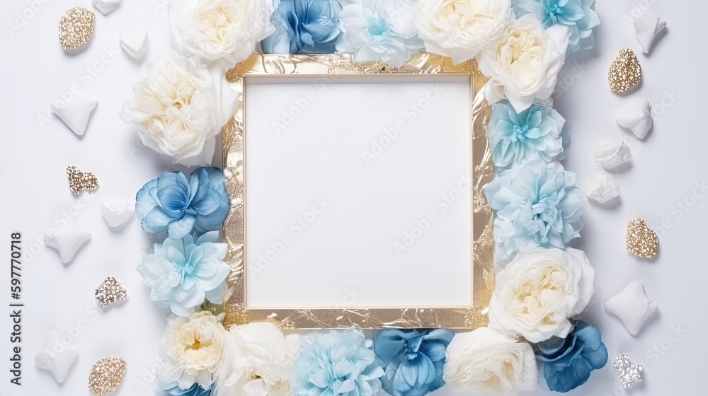 A Blue and White Porcelain square frame decorated with multicoloured flowers, blank space for text. Flat lay, top view. Floral frame, frame of flowers. Floral background. Wedding invitation, greeting A Blue and White Porcelain square frame decorated with multicoloured flowers, blank space for text. Flat lay, top view. Floral frame, frame of flowers. Floral background. Wedding invitation, greeting
