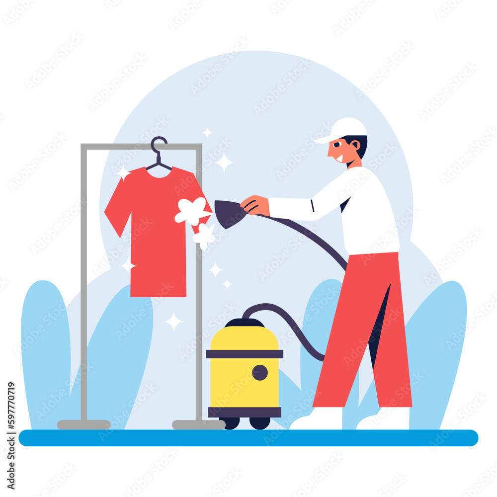 Cartoon character of young positive man doing clothes dry cleaning with vacuum cleaner Cartoon character of young positive man doing clothes dry cleaning with vacuum cleaner