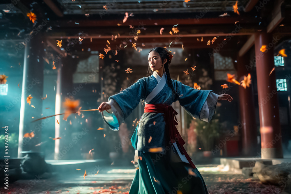 In fantasy style, Chinese warrior girl dressed in traditional attire practicing a fighting dance amidst flowing petals in a vintage temple. generative AI In fantasy style, Chinese warrior girl dressed in traditional attire practicing a fighting dance amidst flowing petals in a vintage temple. generative AI