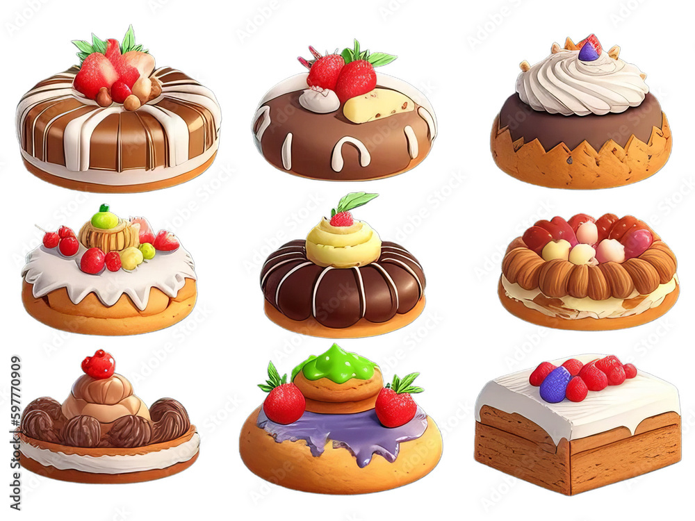 A variety of sweets and pastries on a transparent background. A variety of sweets and pastries on a transparent background.