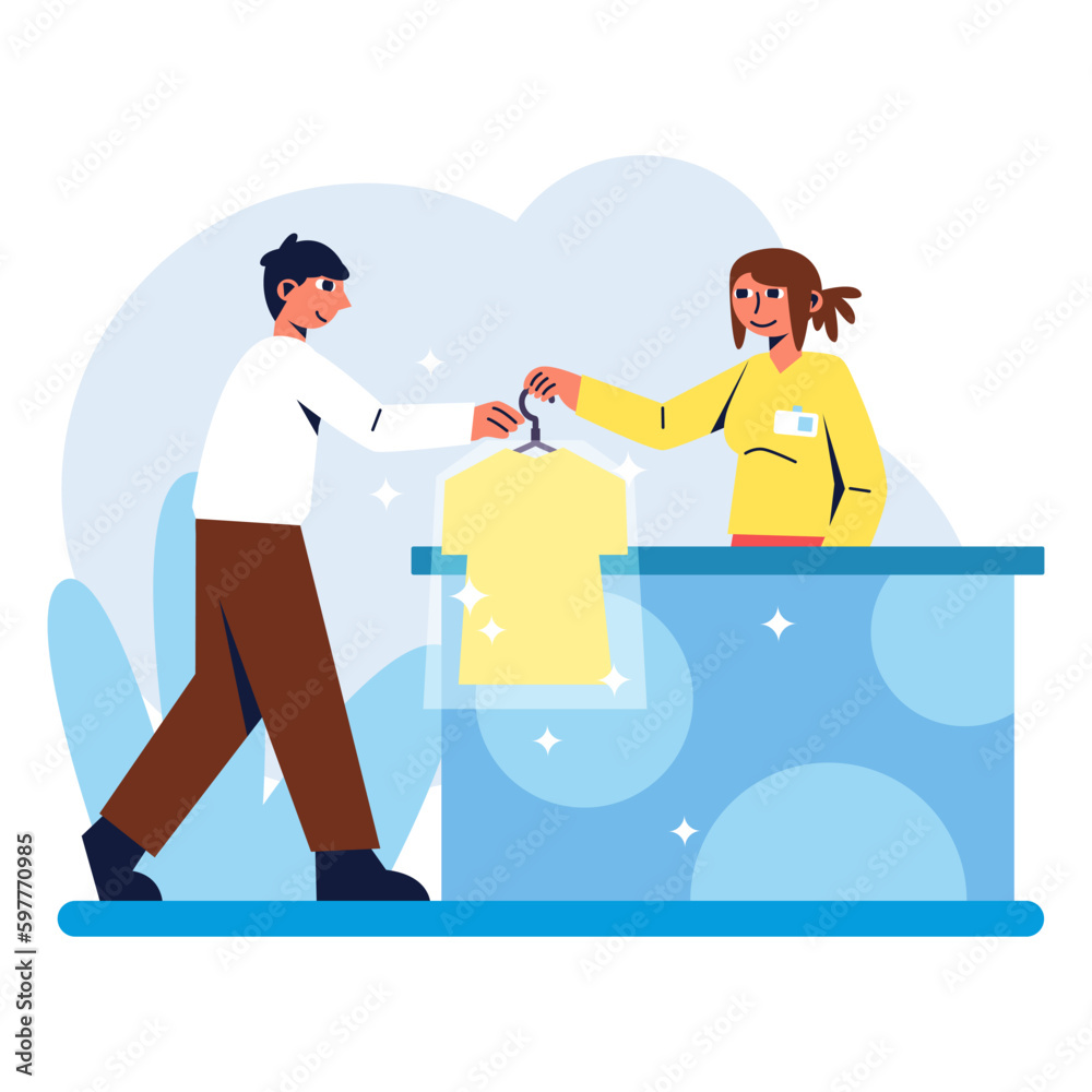 Set of colored cartoon characters of young people engaged in dry cleaning