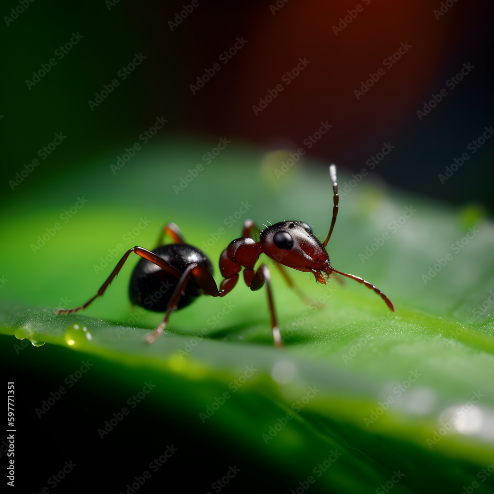Macro Black garden ants on the mango leaf feeding on the egg of insect created with Generative AI technology. Macro Black garden ants on the mango leaf feeding on the egg of insect created with Generative AI technology.