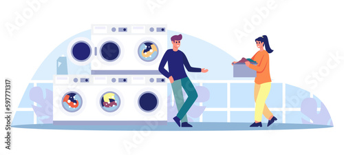 Cartoon characters of young people meeting when using laundry services