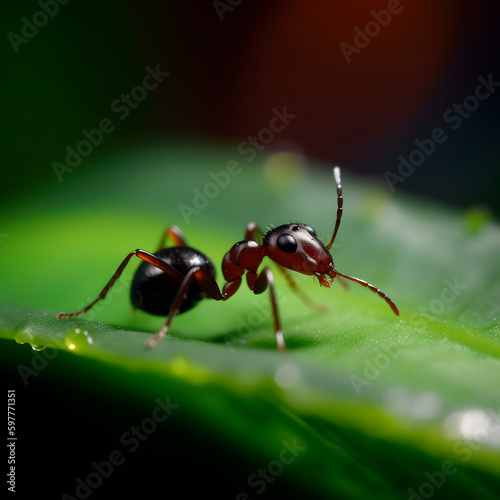 Macro Black garden ants on the mango leaf feeding on the egg of insect created with Generative AI technology. © Vahram