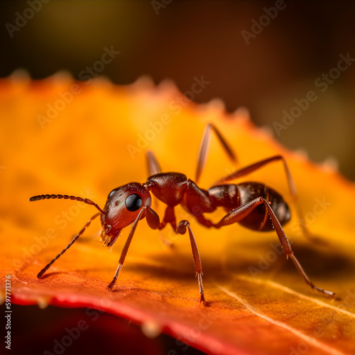 Leaf-cutter ant, Acromyrmex octospinosus, carrying leaf piece on tree log created with Generative AI technology. photo