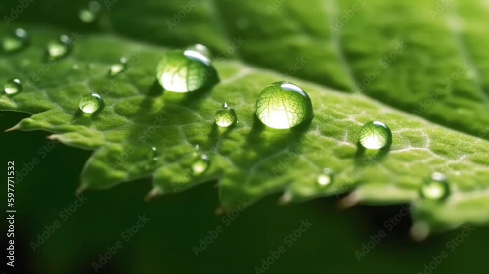 A green leaf with water droplets surface, with a dark green background. generative ai A green leaf with water droplets surface, with a dark green background. generative ai
