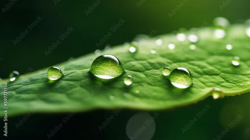 A green leaf with water droplets surface, with a dark green background. generative ai A green leaf with water droplets surface, with a dark green background. generative ai