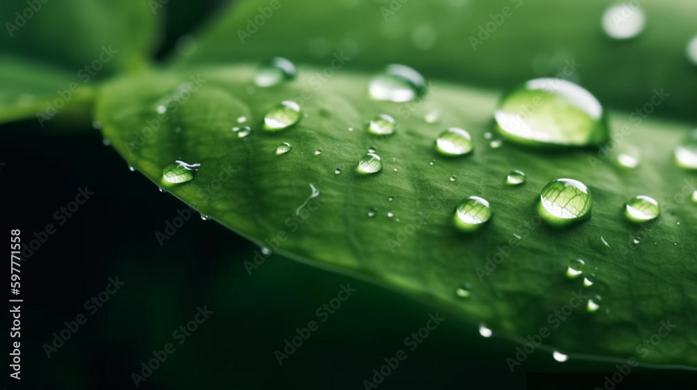 A green leaf with water droplets surface, with a dark green background. generative ai A green leaf with water droplets surface, with a dark green background. generative ai