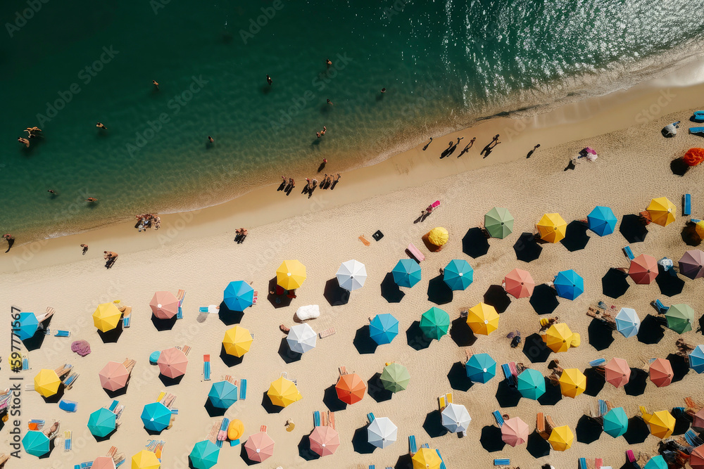 Generative AI illustration of Colorful beach umbrellas on a sunny day Generative AI illustration of Colorful beach umbrellas on a sunny day