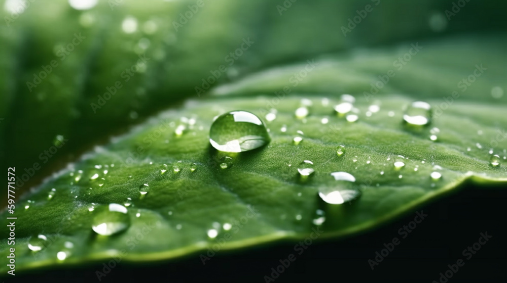 A green leaf with water droplets surface, with a dark green background. generative ai A green leaf with water droplets surface, with a dark green background. generative ai