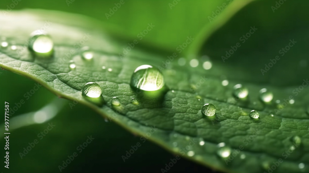 A green leaf with water droplets surface, with a dark green background. generative ai A green leaf with water droplets surface, with a dark green background. generative ai