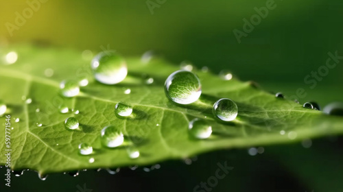 A green leaf with water droplets surface, with a dark green background. generative ai