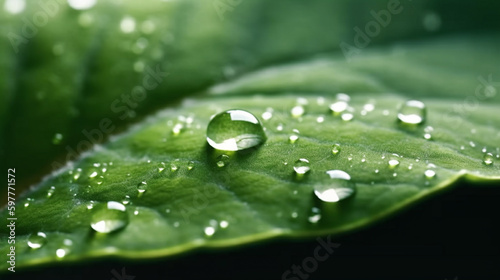 A green leaf with water droplets surface, with a dark green background. generative ai