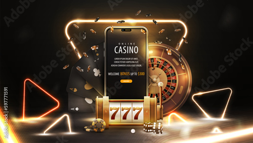 Online casino, banner with smartphone with gold neon triangle frame, slot machine, Roulette, chips, playing cards and gold neon triangles around