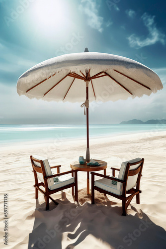 Generative AI illustration of Lonely umbrella on the beach with table on the sand and two chairs