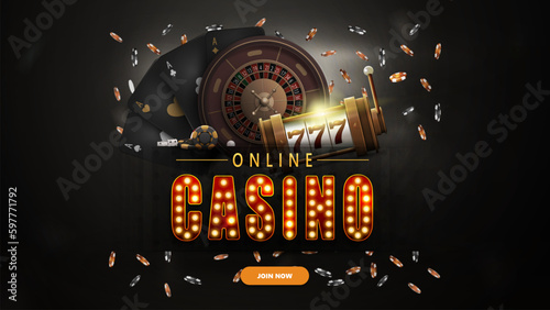 Online casino, black banner with button, slot machine, Casino Roulette, falling poker chips and playing cards.