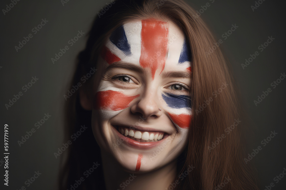 Portrait of a happy woman with her face painted in Union jack Great britain flag. Generative ai Portrait of a happy woman with her face painted in Union jack Great britain flag. Generative ai