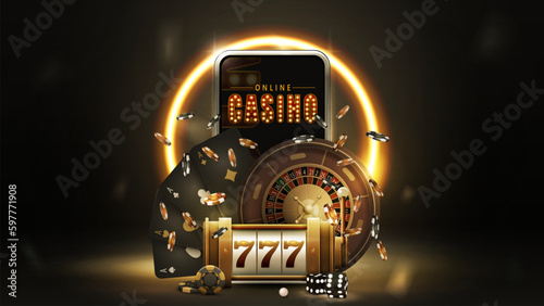 Online casino, black banner with smartphone, slot machine, Casino Roulette, poker chips and playing cards on dark background with gold neon ring