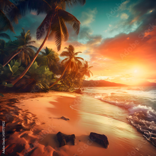Silhouette of palm trees Beautiful sunset on the tropical sea beach background for travel in holiday relax time created with Generative AI technology.