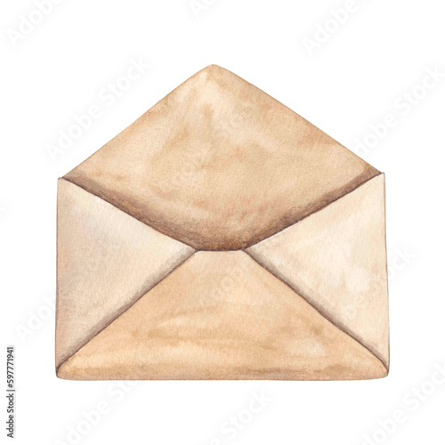 Paper beige open insulated envelope. Hand-drawn watercolor illustration.