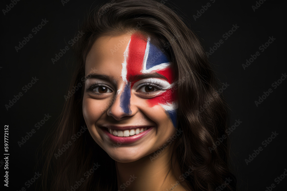 Portrait of a happy woman with her face painted in Union jack Great britain flag. Generative ai Portrait of a happy woman with her face painted in Union jack Great britain flag. Generative ai