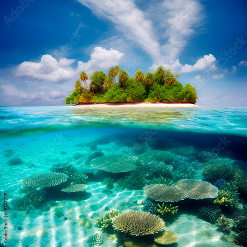 Beautiful tropical island in French Polynesia under and above water created with Generative AI technology.