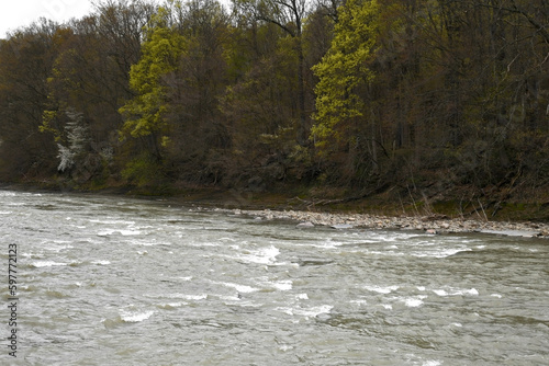 River with flowing water along tree lined bank. Zoar Valley. Cattaraugus Creek, New York. photo