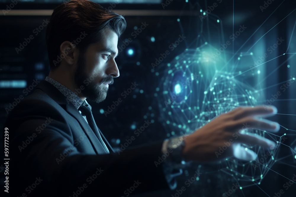 Big Data Technology Concept with Businessman Touching Virtual Screen, Artificial Intelligence