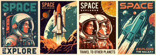 Space adventure set posters colorful