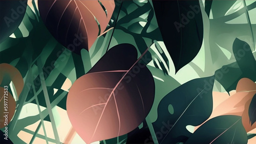 Green and brown tropical leaves illustration. Generative AI technology.