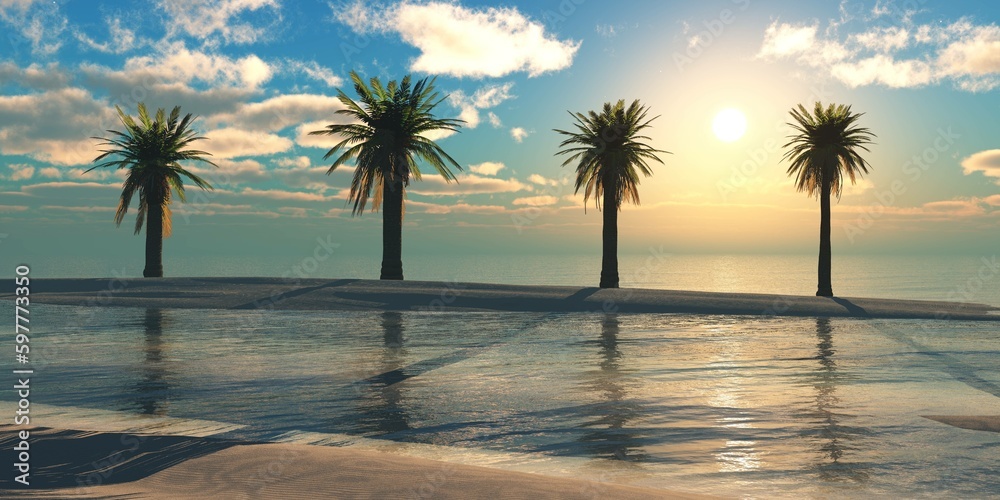 Palm trees at sunset, shore with palm trees against the sky with clouds, 3d rendering
