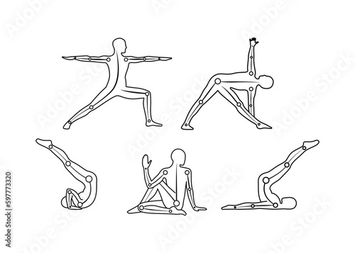 Vector outline set of yoga asanas, standing poses and twist. Cliparts for icons, logo design, blogs, prints, tags.