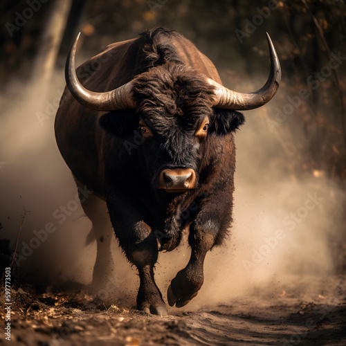 Illustration of an angry bull silhouette in a smoky or dusty atmosphere created with Generative AI technology.