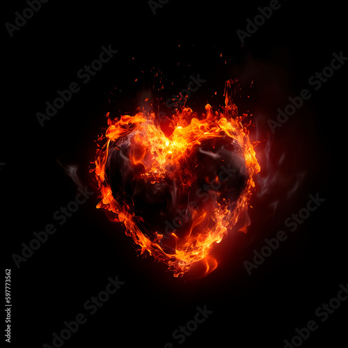 Burning heart black background created with Generative AI technology.