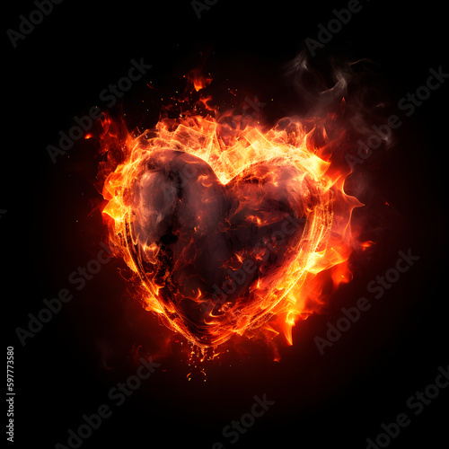 Heart shaped sparks floating on a black background and with flames created with Generative AI technology.