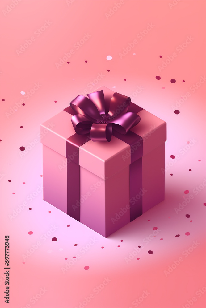 rosa Geschenk mit lila Schleife auf rosa Hintergrund. Hochformat. Hochkant. Generative Ai.