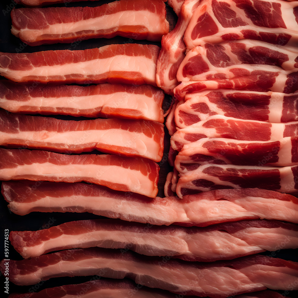 Delicious artisanal whole smoked slab bacon on a cutting block created with Generative AI technology.