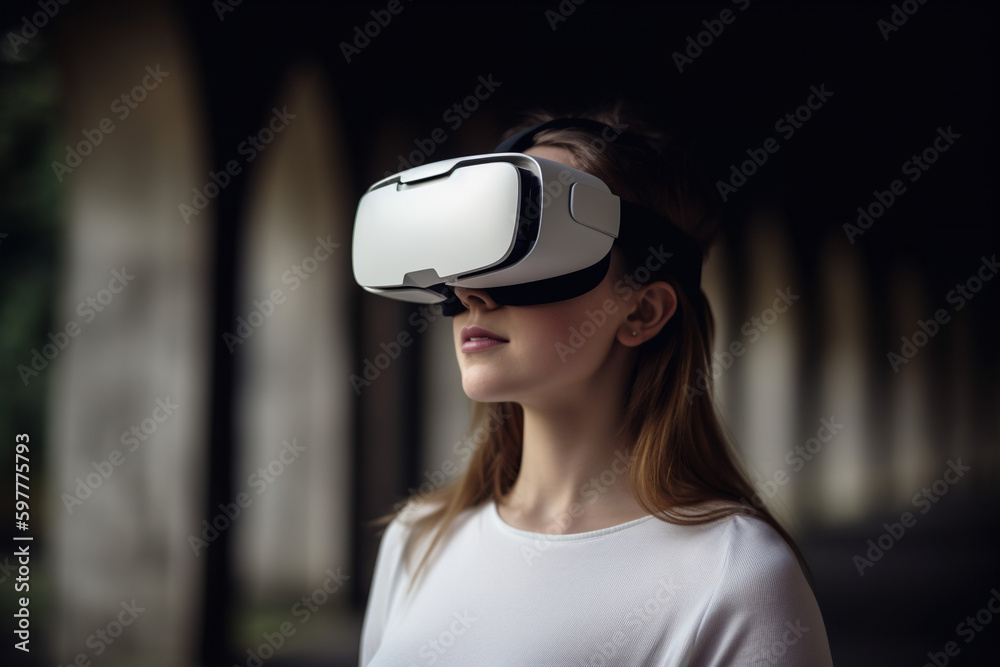 A woman wearing VR glasses, Generative AI A woman wearing VR glasses, Generative AI